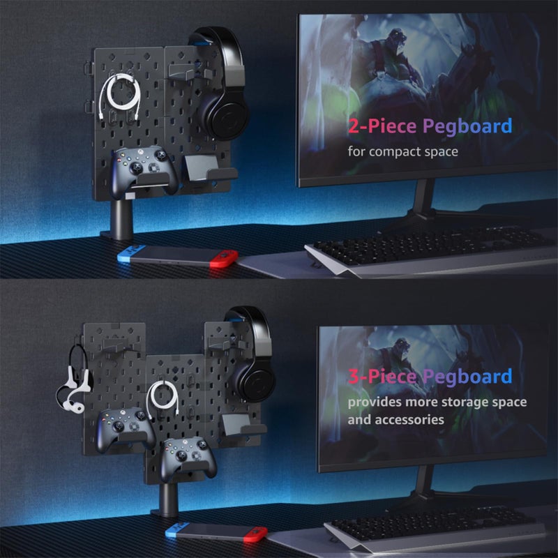 PEGZONE حامل سماعات رأس ووحدة تحكم معياري للألعاب من PEGZONE، لوحة تثبيت بمشبك، حامل وحدة تحكم دوار مع خطافات للكابلات، ملحق ألعاب لأجهزة Xbox وPS5 وPS4 وNintendo Switch، لوحة تثبيت من 3 قطع، أسود - Image 5